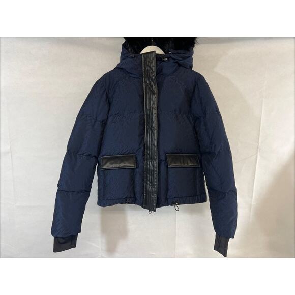 NEW  Small Blanc Noir Jacquard Hooded Puffer Jacket Faux leather Shoulder strap - Picture 1 of 11